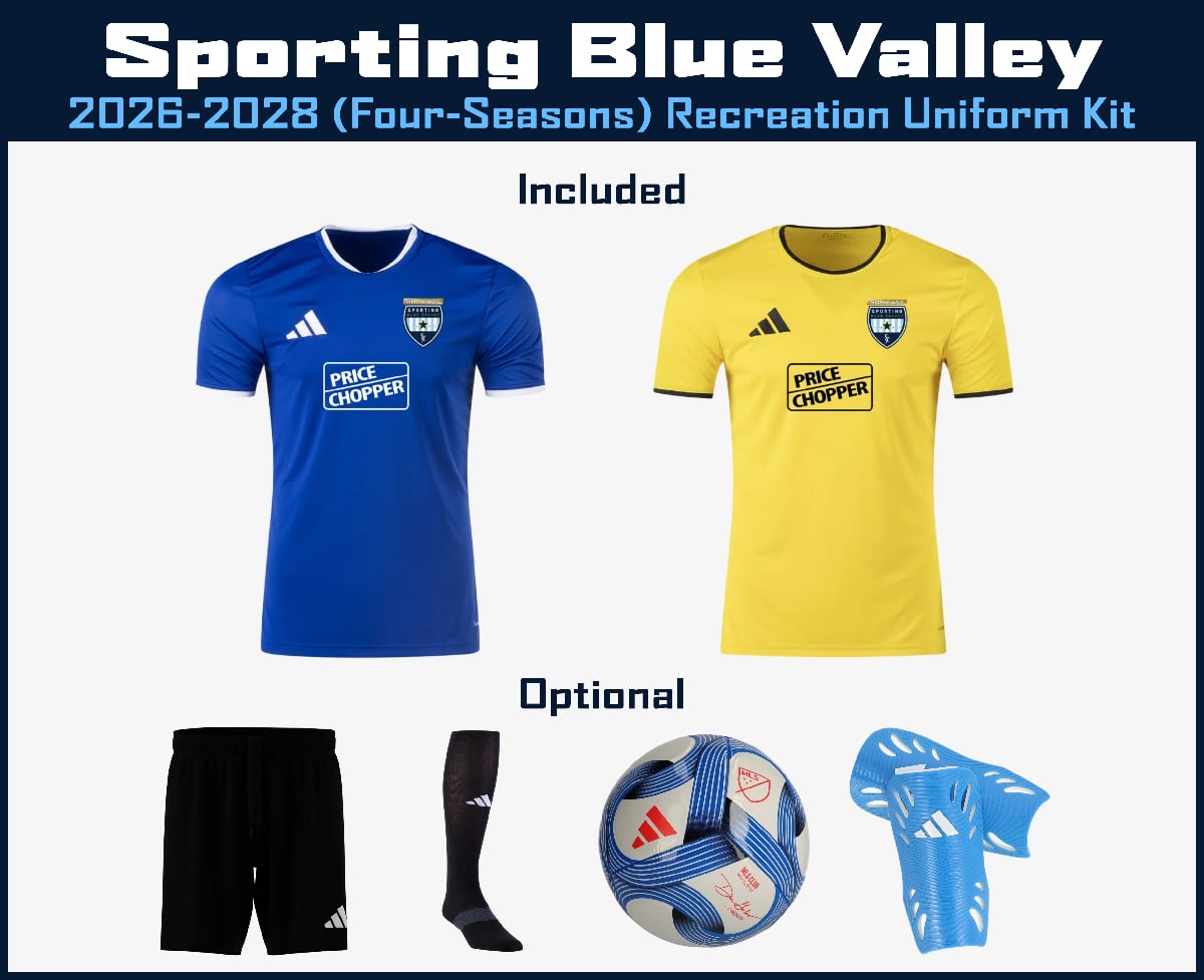 The Sporting Blue Valley 2026-2028 Recreation Uniform Kit: the blue and yellow jerseys are included; shorts, socks, a ball and shin guards are optional.