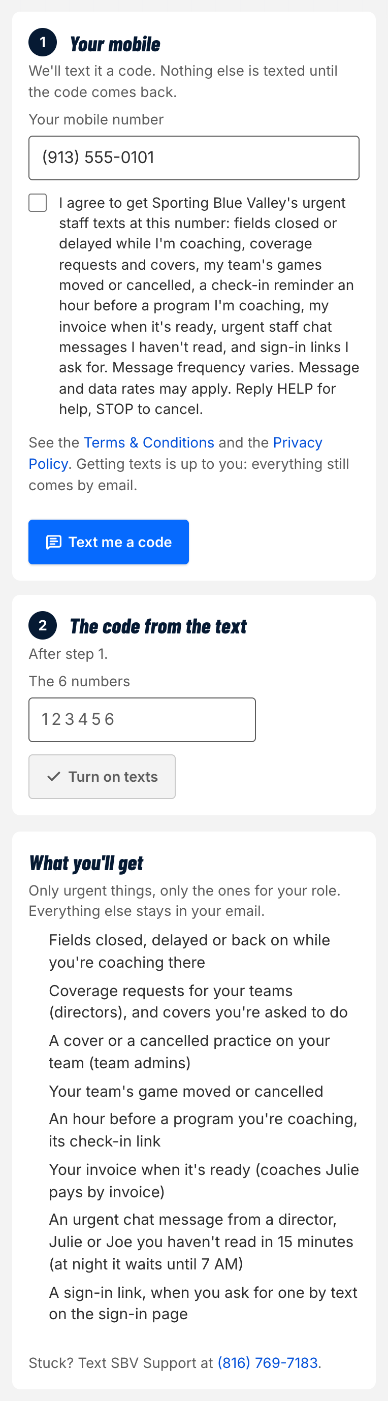 The SBV Suite's Texts page for staff: the mobile number, the unticked box with its words, the Terms & Conditions and Privacy Policy links, Text me a code, then the code, and what they'll get